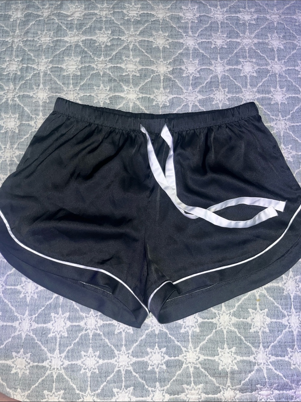 stars above Black satin sleep Shorts with White Trim